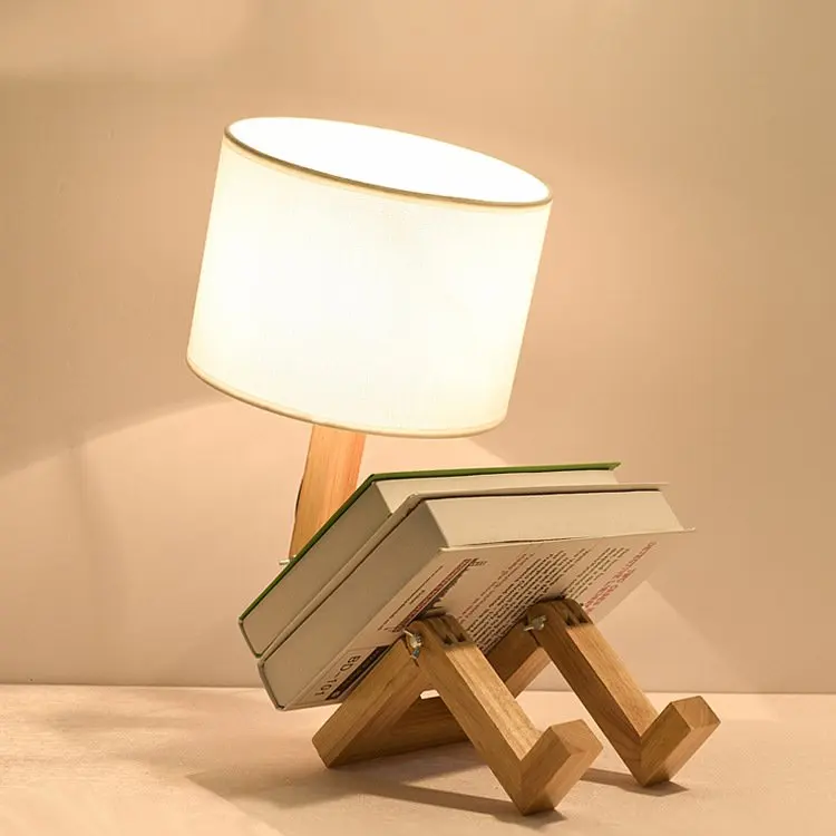 

Robot Shape Wooden Table Lamp Household Simple Modern Style Living Room Bedroom Cloth Art Warm Light High Quality Table Lamp