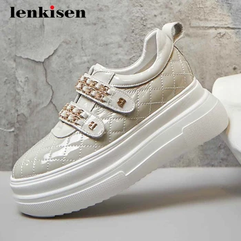 

Lenkisen korean girls sheep leather gingham chain decorations platform sneaker round toe high heel maiden vulcanized shoes L5f8