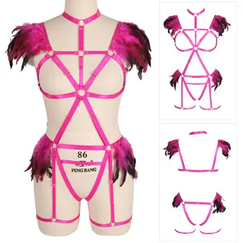 

Full Body Harness Bra Feather Shoulder Cage Top Waist Garter Belts Stockings Gothic Bondage Suspender Pole Dance Women Plus Size