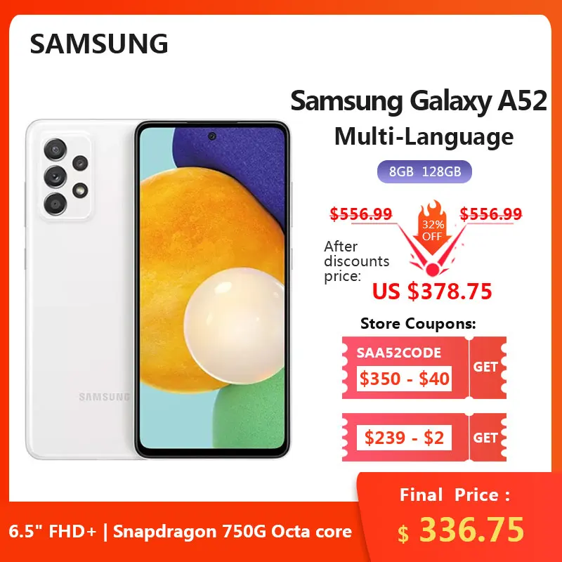 Смартфон Samsung Galaxy A52 5G дюйма Android 6 5 Восьмиядерный процессор Snapdragon 750G камера 64 мп 4500