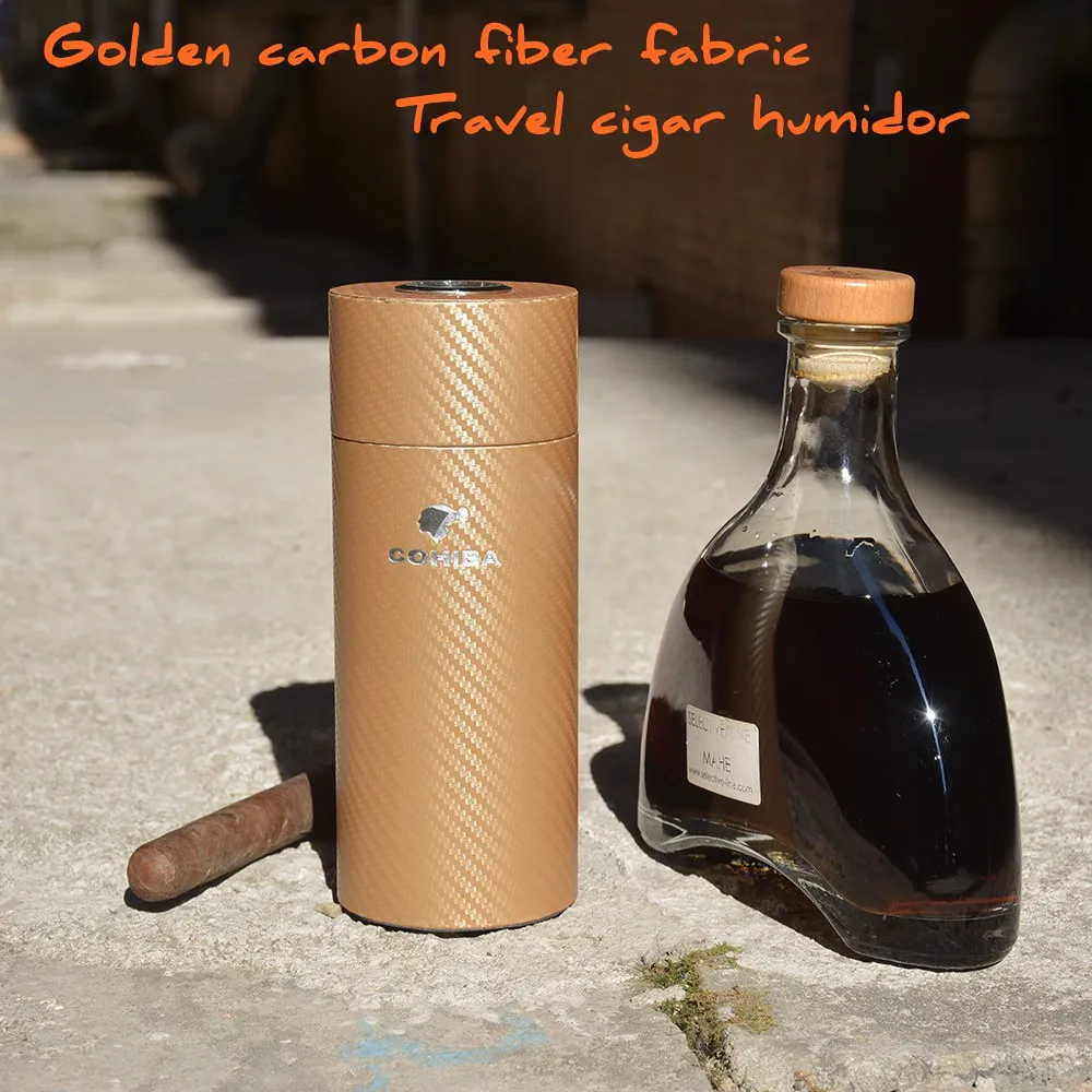 Gold Carbon Чехол для сигары COHIBA, карбоновое волокно, дерево кедра с подкладкой, трубка, мини, для путешествий, с увлажнителем для сигар, гигрометр для новой сигареты - Цвет: Gold Carbon