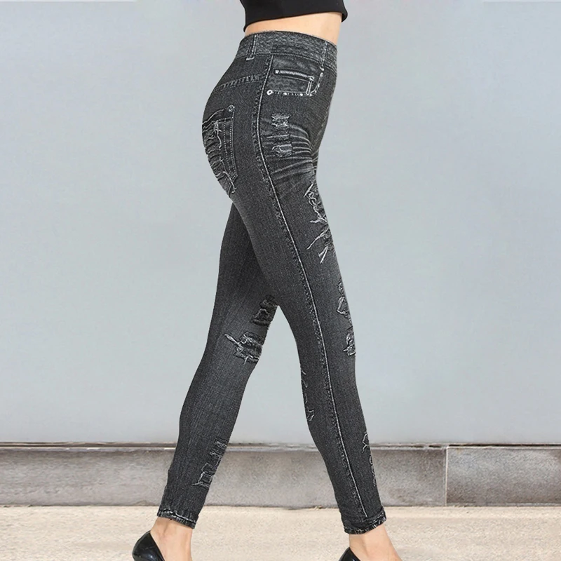 Sexy Faux Jeans Leggings Women Stretch Printed Short Leggins Plus Size Calf-Length Pants Summer Breeches High Waist Jeggings fishnet leggings