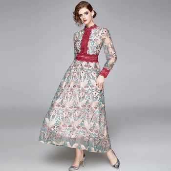 

Spring Long Sleeve Embroidered Tea Long Party Dress Robe Femme T 2020 Women Maxi Dress Dames Jurken Robe Longue K5518
