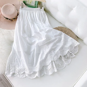 

Korean style hollow out embroidery cotton white skirt loose lazy casual midi skirts womens summer 2020 new arrival