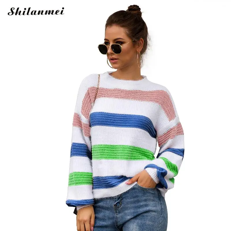 

O Neck Autumn Pullover Sweters Fashion Striped Women Sweater Long Sleeve Women Invierno 2019 Loose White Blue Knitted Sweater