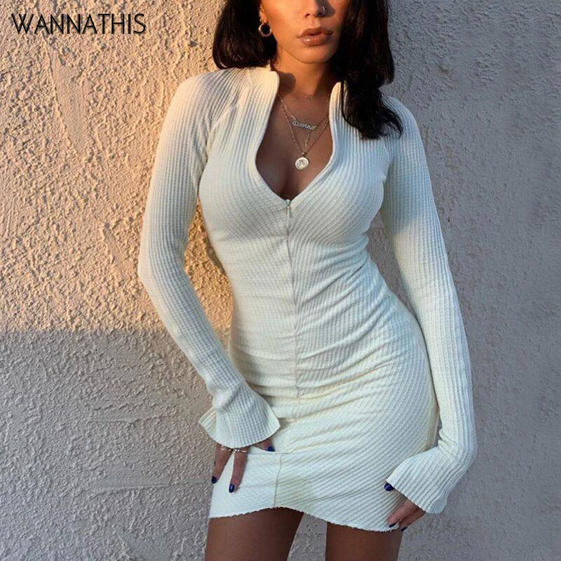 

WannaThis Zipper V-Neck Long Sleeve Mini Dress Knitted Sexy Solid Skinny Autumn New Elastic Ribbed Knitted Ladies Bodycon Dress