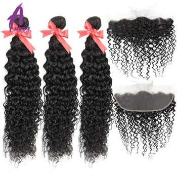 

Alimice Indian Water Wave 3Bundles With Frontal Human Hair Bundles With Closure Remy Lace Frontal Closure With Bundles 10-28inch