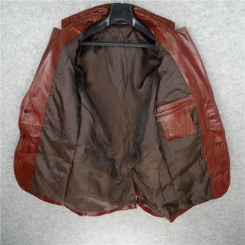 

Fashion Mens Sheepskin Genuine Leather Blazer Jacket Striped Printed Vintage Single Breasted Coats Office Man Blouson Cuir Homme