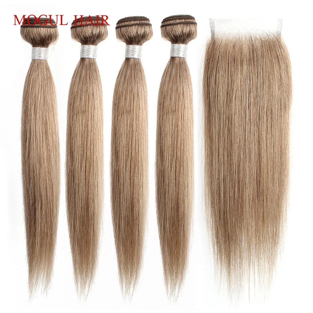 

MOGUL HAIR Color 8 Ash Blonde Straight Bundles With Closure 16-24 inch Pre-Colored Brazilian Non Remy Human Hair Extension
