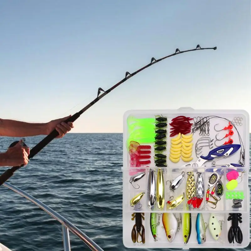 101pcs Fishing Lures Hooks Set Soft Worm Lure Carp Lead Head Jig Hooks Tackle Pesca Hard Baits Crankbait Fishing Scissors