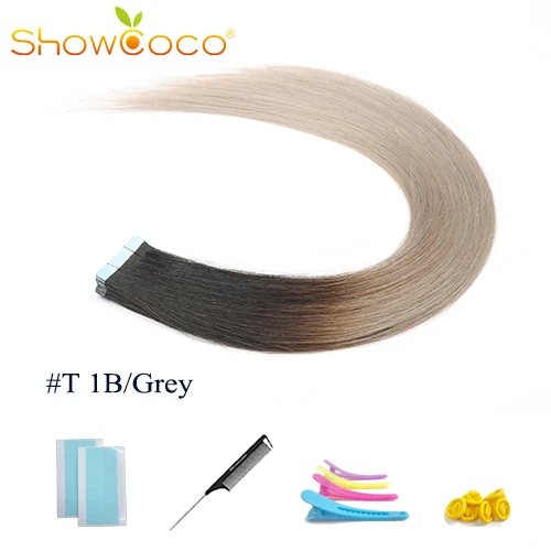 ColorT1B Grey-20 Pcs ShowCoco лента в Пряди человеческих волос для наращивания натурального волос 20/40 шт, смешанные цвета, Цвет горячие головы для наращивания блеск коричневого до блондинка ленточных накопителей - Цвет: ColorT1B Grey-20 Pcs