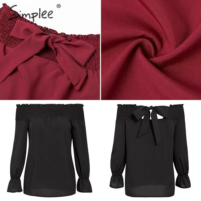 Simplee эластичная женская блузка с вырезом лодочкой, рубашка, рукав-фонарик, оборки, галстук-бабочка, женские топы свободного размера плюс, одноцветные женские блузки