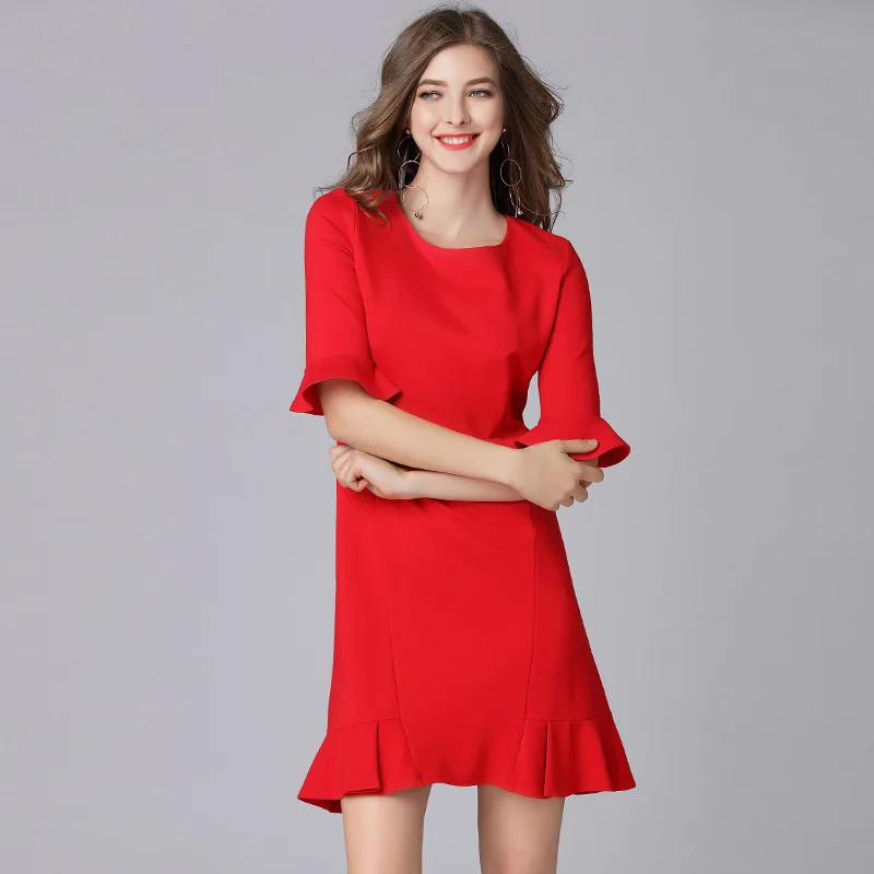 

2019 Spring Clothing New Style Festive Dress Large Size Huimen Dress for Toast Bell Sleeve 200 Red Dress Women's