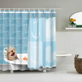 

Cute Animal Shower Curtain Set with 12 Hooks Cat Taking a Bath Waterproof Fabric Bathroom Xmas Decoration Accessories