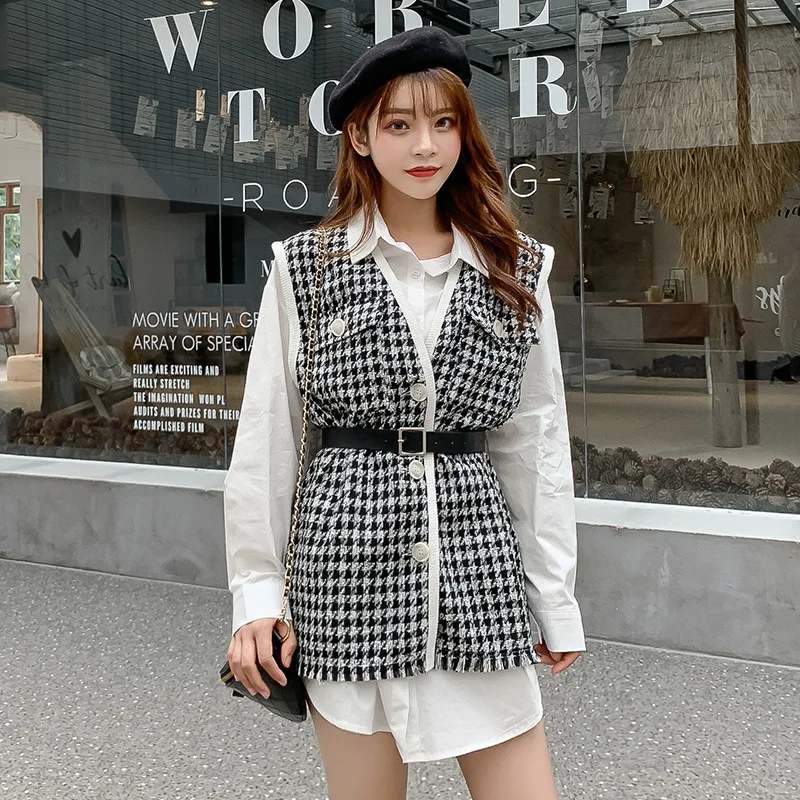

2019 Autumn And Winter WOMEN'S Dress chao yang Gas Ladies' Set Sweet GIRL'S Graceful Shirt Single Breasted Waistcoat Two-Piece S