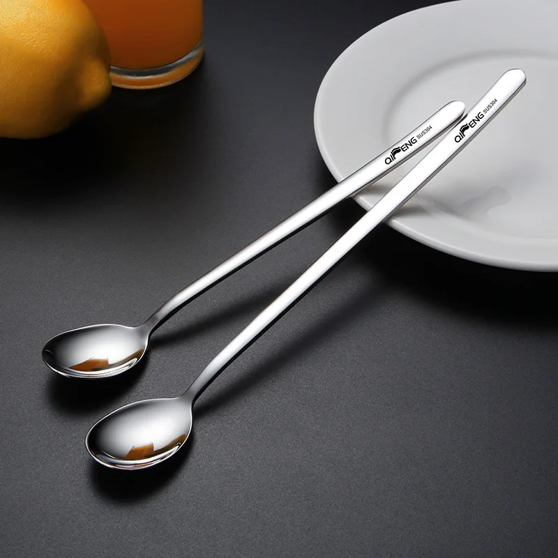 QF 304 Stainless Steel Ice Spoon Solid Long Handle Korean Style Stirring Spoon Customizable Logo