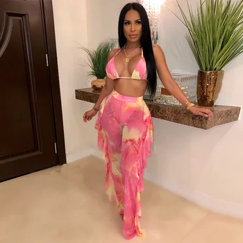 

Echoine Sexy Sheer Mesh Ruffle Beach 2 Piece Set Summer Bra Halter Crop Top Ruffle Wide Leg Pants Clubwear Elastic Tie Dye Set