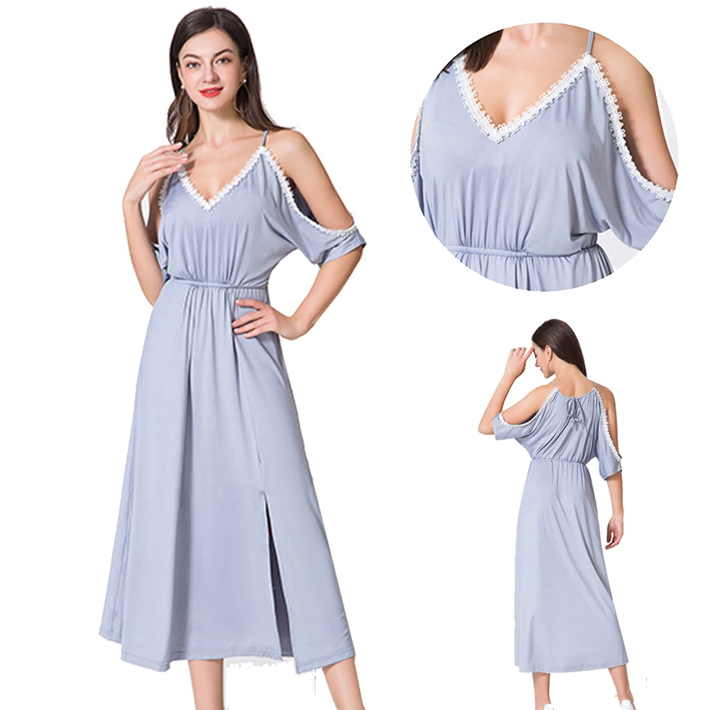 

ZOGAA Summer Women Sexy V Neck Off the Shoulder Dress Summer Loose Suspender White Lace Decoration Side Split Dresses Party Wear