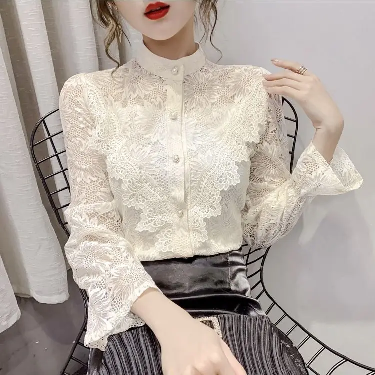 

2020 Spring Autumn Women Lace Pearl Splicing Shirt Female Long sleeve Stand-up Collar Button Tops Flared sleeves Blouses
