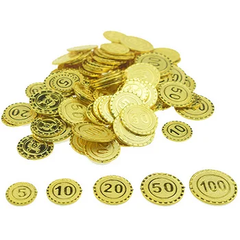 

Besegad Kids 100pcs 5 Styles Plastic Gold Coins Pirate Treasure Halloween Party Pirate Game Cosplay Props Accessories Toys