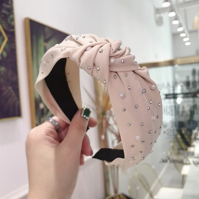 beige CN Мода Узел Стразы повязки для волос блестящие жемчужные головные украшения с узором Тюрбан ручной работы для девочек женские обручи для волос аксессуары для волос - Цвет: beige