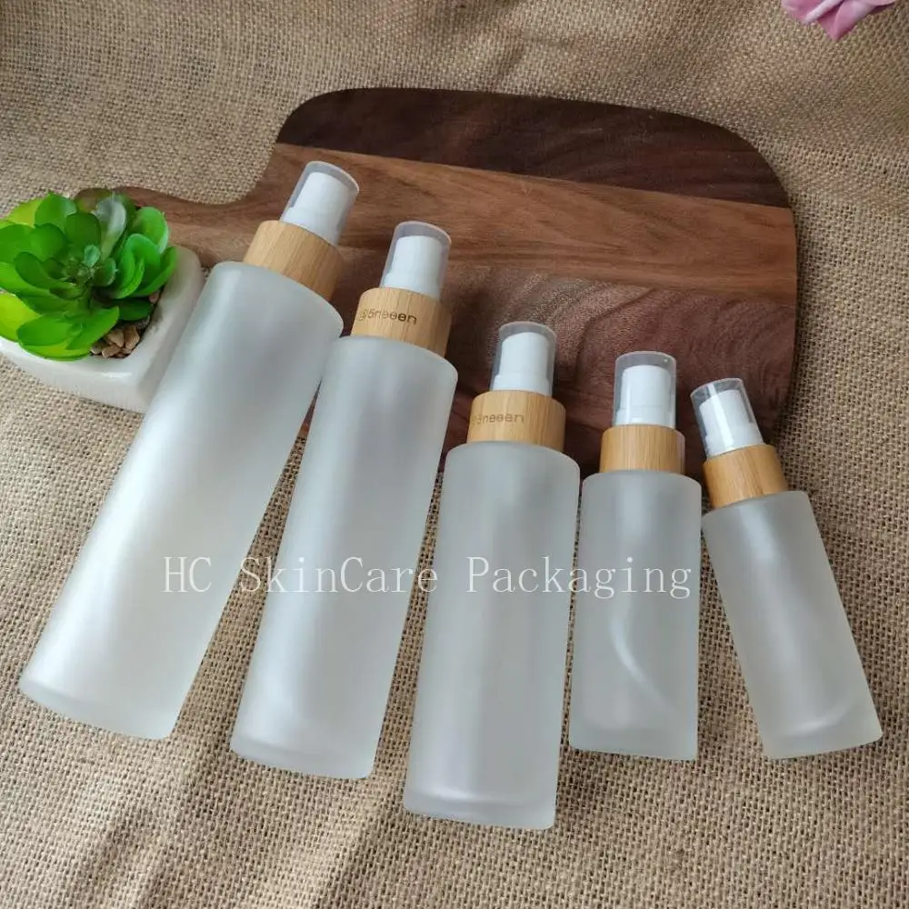 

Frosted Glass Emulsion Spray Bottle Perfume Bottles Skincare Cream Jar Mask Cosmetic Packaging Containers With Bamboo Wood Lid