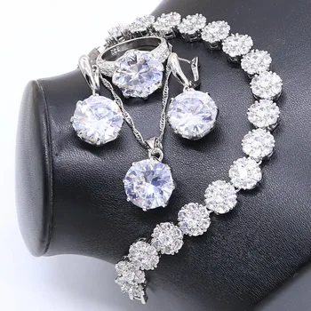 

Popular White Zircon 925 Silver Jewelry Sets For Women Bracelet Necklace Earrings Ring Pendant Gift Box