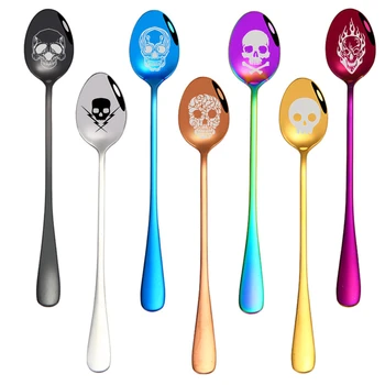 

Laser Engraved Skull Pattern Stainless Steel Coffee Spoon Long Handle Tea Spoons Kitchen Hot Drinking Flatware 7 Colors