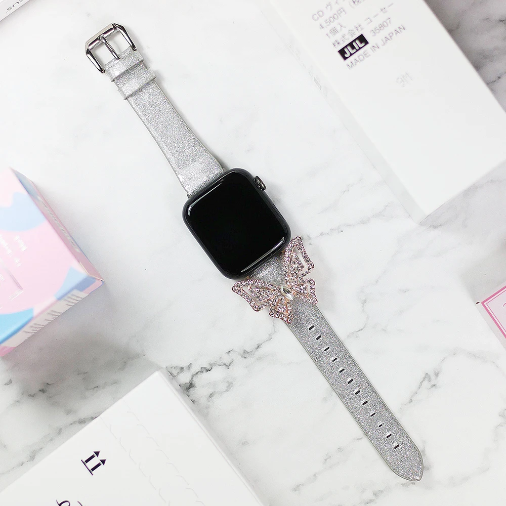 Ремешок для часов Apple Watch 5 4 3 2 1 ремешок 44 мм 40 мм 42 мм 38 мм женский кожаный ремешок с украшением в форме бабочки для iWatch