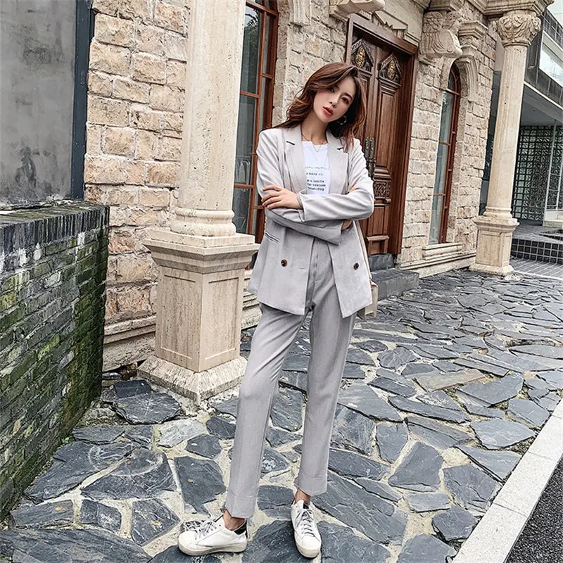 

HziriP New Elegant Office Lady 2019 Autumn All Match OL Solid Blazer +Straight Loose Trouser Women Work Wear Suits 2 Piece Set