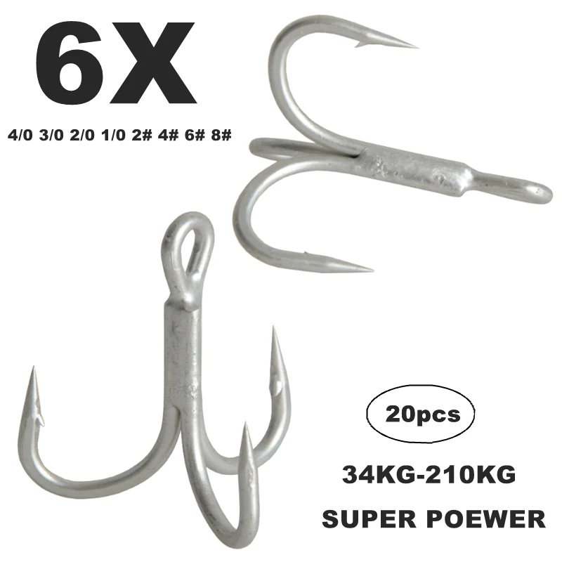 20pcs 6x Super sharp Round treble hook High carbon steel max test 210kg 4/0 3/0 2/0 1/0 2/4/6/8# Treble Hooks Fishing Tackle
