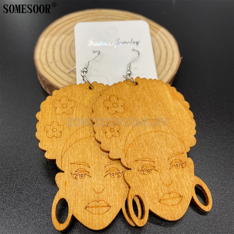 Somesoor Jewelry 2021 New Pattern Laser Cutting African Female Head Wooden Afro Dangle Earrings For Women