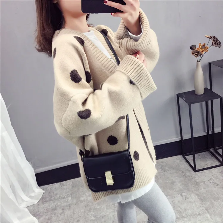 light khaki Neploe осень-зима вязаный женский кардиган Повседневное с длинным рукавом свободного кроя в свитер в горошек пальто оверсайз куртка, джемпер Mujer 54480 - Цвет: light khaki