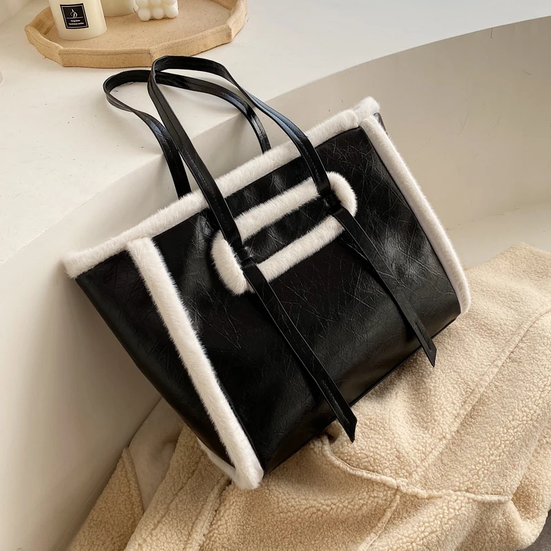 

Elegant Female Large Tote 2019 Winter New High Quality PU Leather Women's Designer Handbag High capacity Plush Shoulder bag