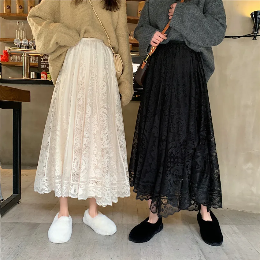 2021 New Korean Elegant Casual A-line Black Long Skirt Female Alien Kitty Elastic High Waist Lace Skirts Womens Spring Autumn denim skirt