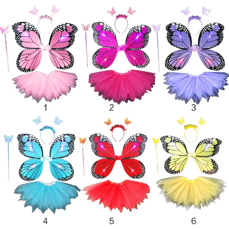 Cosplay Costume Adult Kids 4Pcs Fairy Costume Set LED Simulation Butterfly Wings Pointed Tutu Skirt Headband Wand Princess Girls Party Dress Up