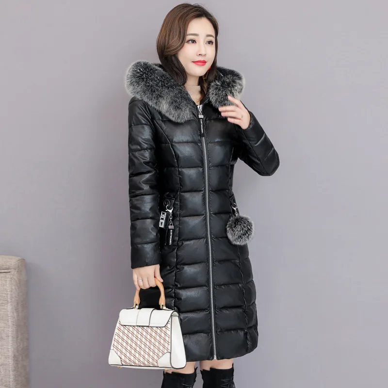

Photo Shoot Cotton-padded Clothes Women's Medium-length 2019 Winter New Style PU Leather Cotton-padded Jacket Really Fox Fur Col