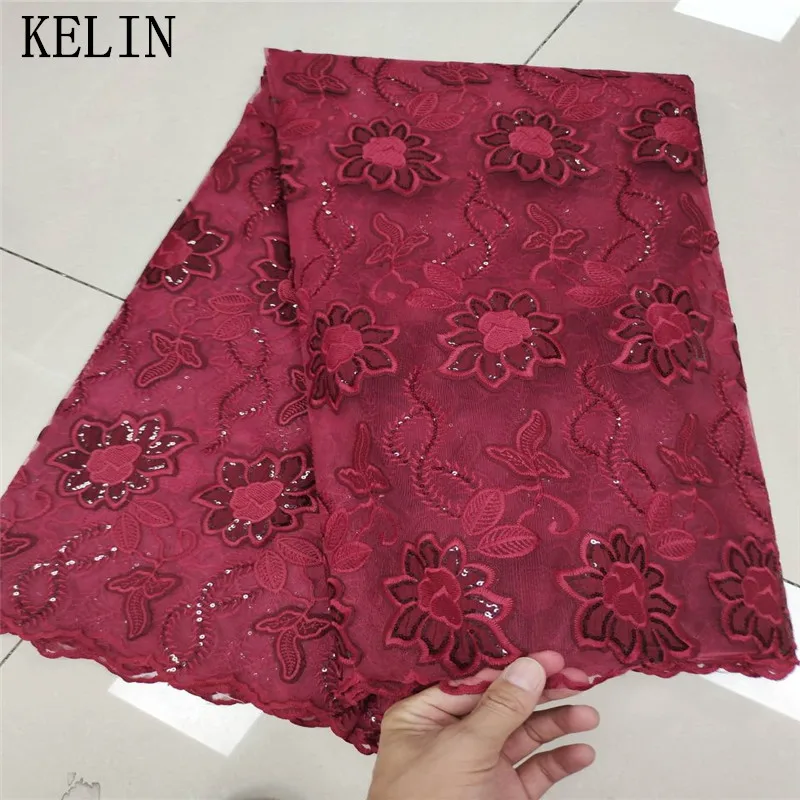 

French Tulle Lace Fabric High Quality Sequins African Net Lace Fabric Wine Red Milk Silk Lace For Sewing Garment J117
