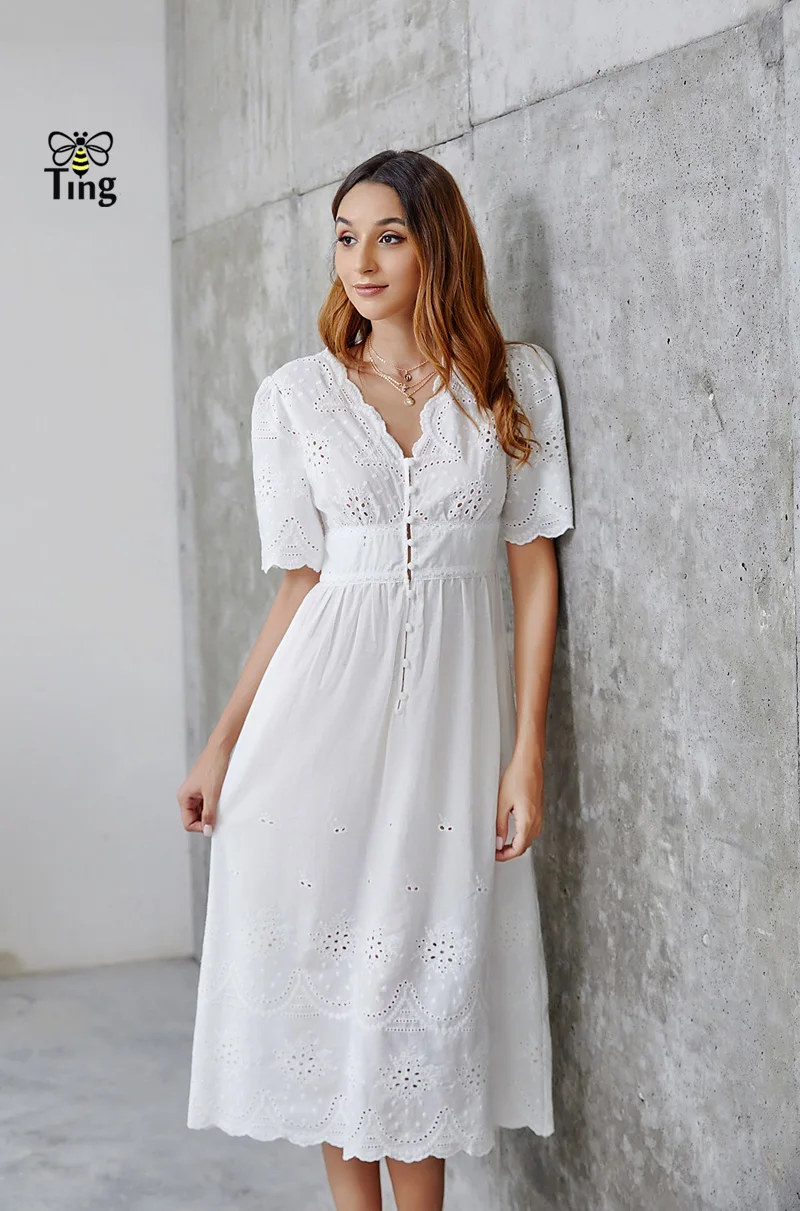 Tingfly Boho открытый однобортный V шеи белый миди повседневное платье в богемном стиле вышивка платье с вырезами леди Винтаж Vestidos puls Размер 2XL