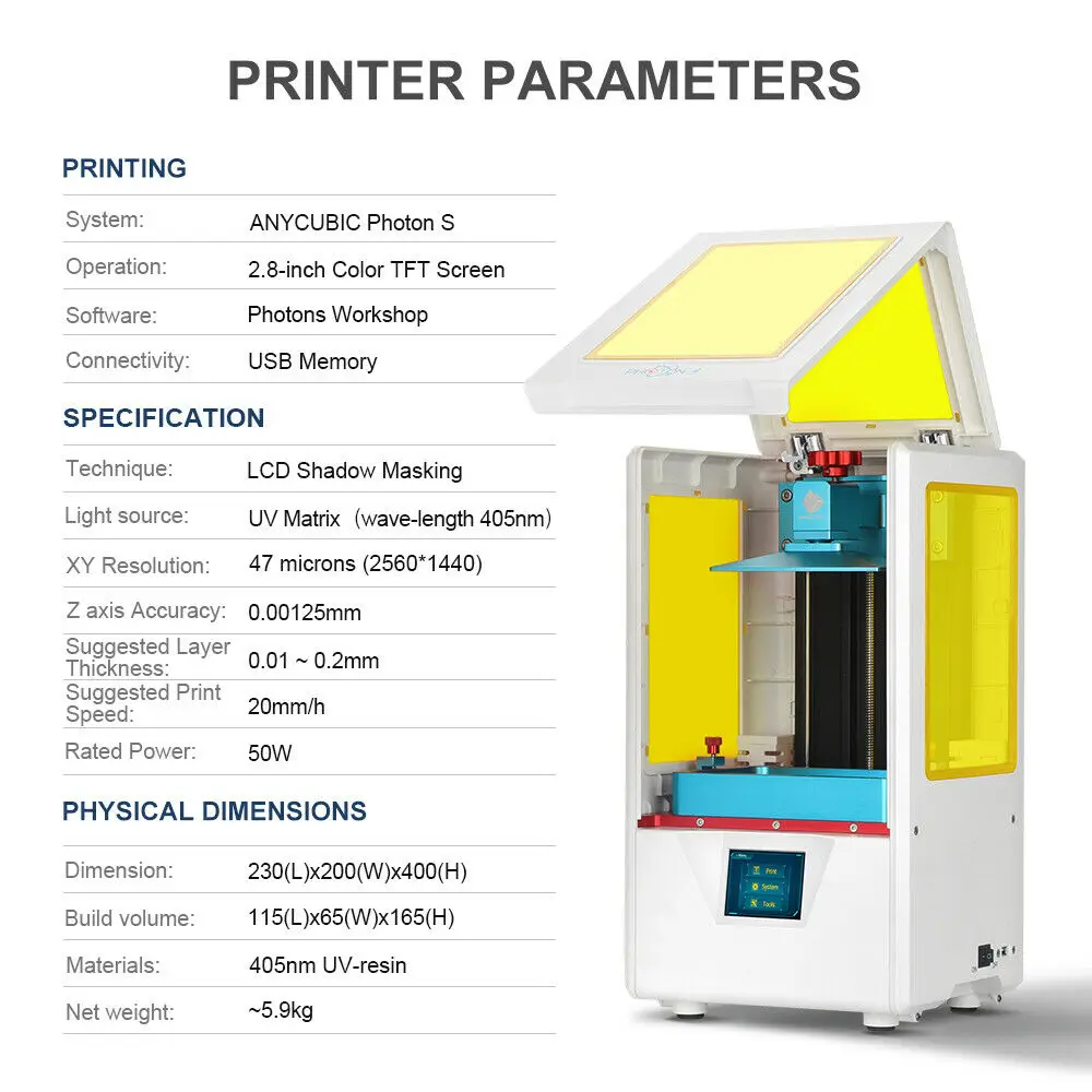 ANYCUBIC Photon-S 3d принтер 2 цвета черный/белый 500 мл ЖК обновленный модуль матрица двойной оси Z SLA фотоны принтер 3d Друкер