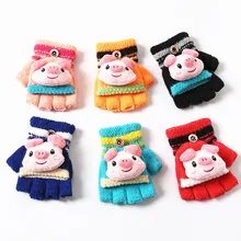 Новые Мультяшные перчатки из свиной кожи, Зимние Детские утепленные вязаные шерстяные теплые перчатки, Детские милые шерстяные варежки с медвежьими ушками для мальчиков и девочек