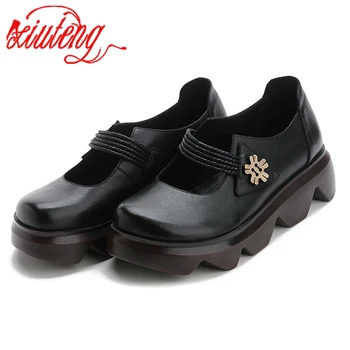 

Xiuteng 2020 New Black Women Genuine Leather Casual Shoes Luxury Sneakers Thick Sole Platform Flats Black Shoes Women