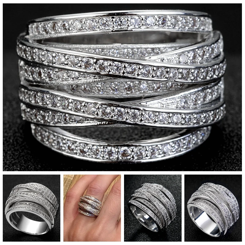 

Multilayer Luxury Vintage Pave Zircon CZ Stone Rings For Women Size 6 7 8 9 10 Silver Color Jewelry Anel