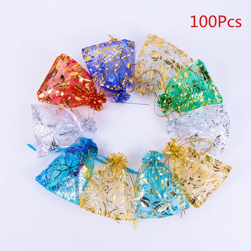 

100PCS Hot Stamping Rose Transparent Drawstring Gift Bag Portable Organza Chiffon Drawstring Gift Bag