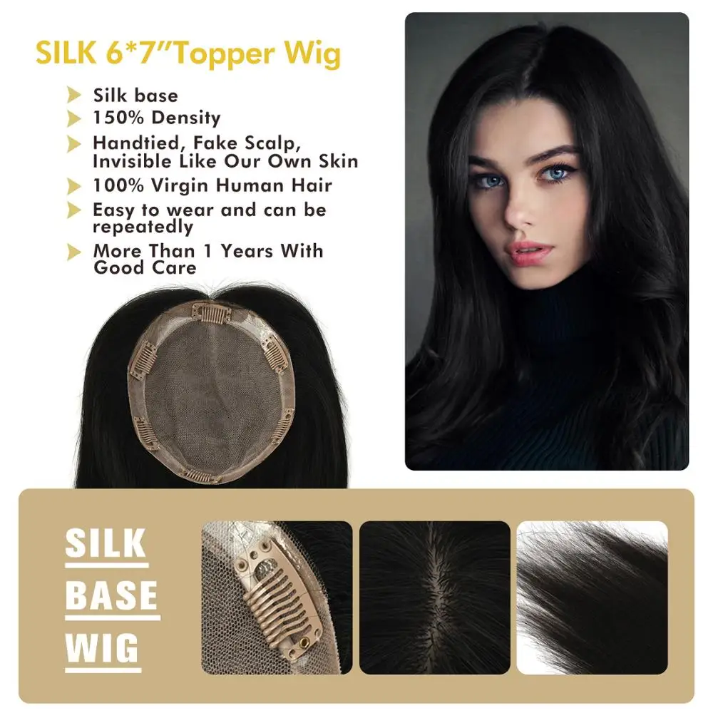 Base de Seda Grampos na Cutícula Peças para Mulher Peruca de Topper do Cabelo com 6 Base Remy Virgem Reta Natural Cabelo Humano Peruca mw 14 6*7