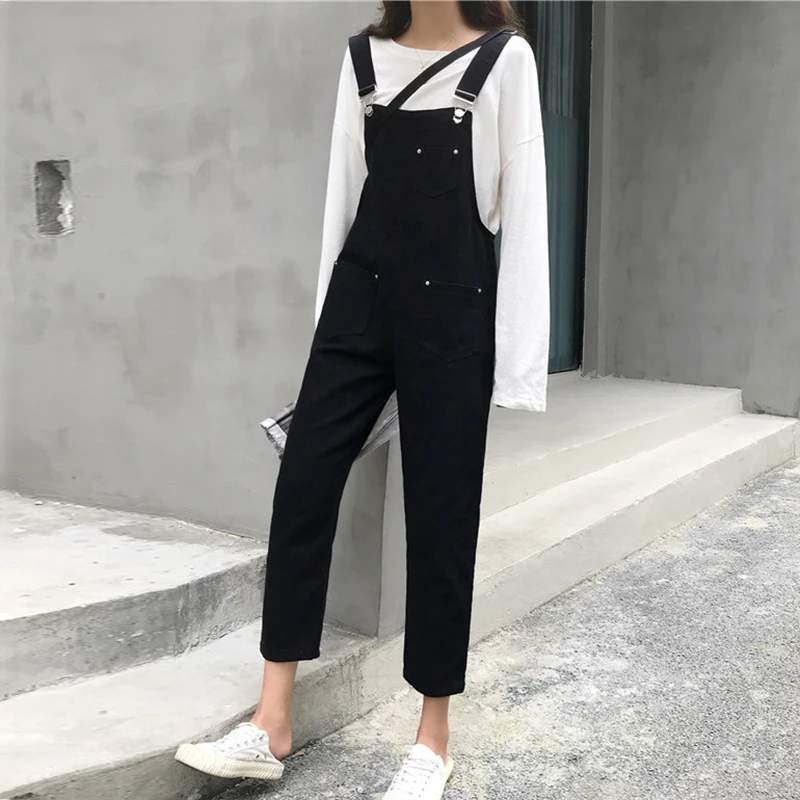 Комбинезоны женские Ulzzang однотонные джинсовые уличные Большие размеры женские весна осень новые свободные прямые женские s брюки студенческие повседневные - Цвет: black