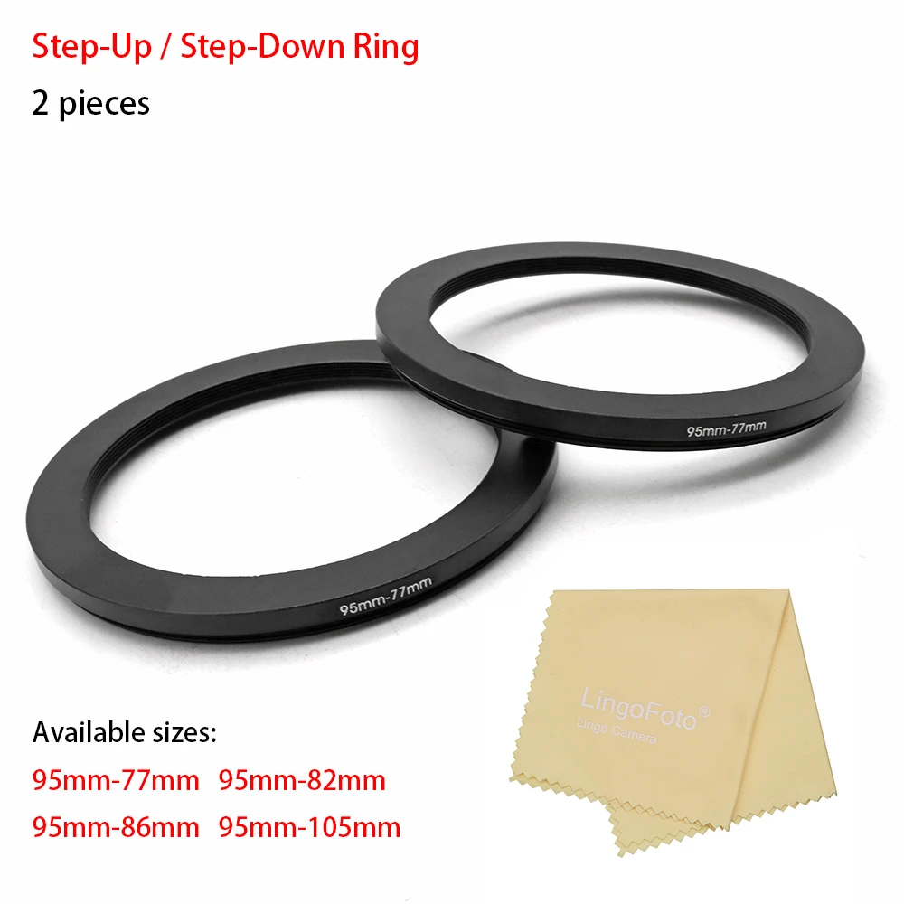 

2-pieces Step Up / Step Down Ring Filter Adapter Ring with a Lens Cleaning Cloth , 95mm-77mm,95mm-82mm,95mm-86mm,95mm-105mm