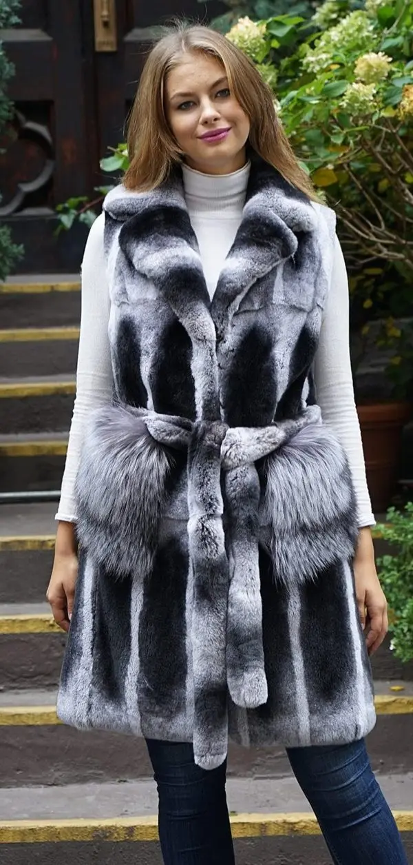 Шиншилла меховой жилет для женщин Настоящий мех кролика жилет полосатый толстый теплый натуральный мех жилет длинный стиль 85 см модный бренд