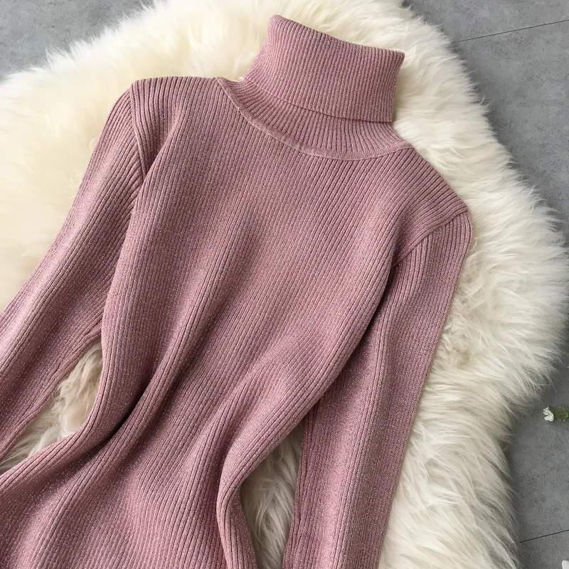 Autumn Winter Dress Women Warm Turtleneck Glitter Knitted Sweater Dress Casual Bodycon Midi Dress Long Sleeve Ladies Dresses