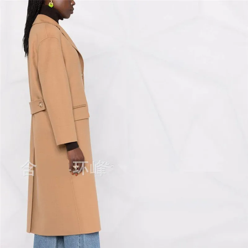2023 Camel Long Wool Coat Vintage Winter Elegant Fashion Korean Women Clothing